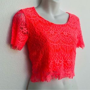 DAYGLO Neon CORAL LACE Flouro Crop TOP Small